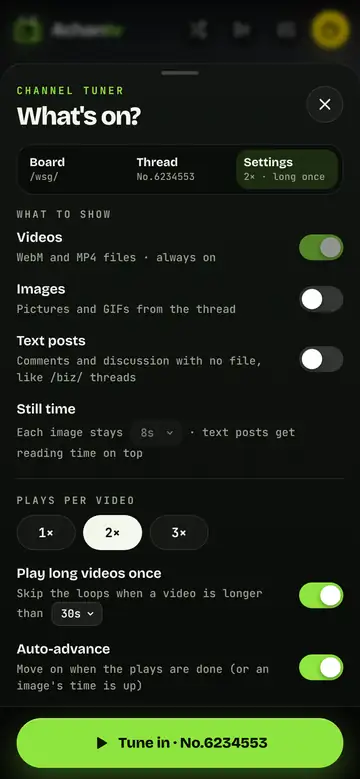 The Settings tab: switches for images and text posts, plays per video and auto-advance