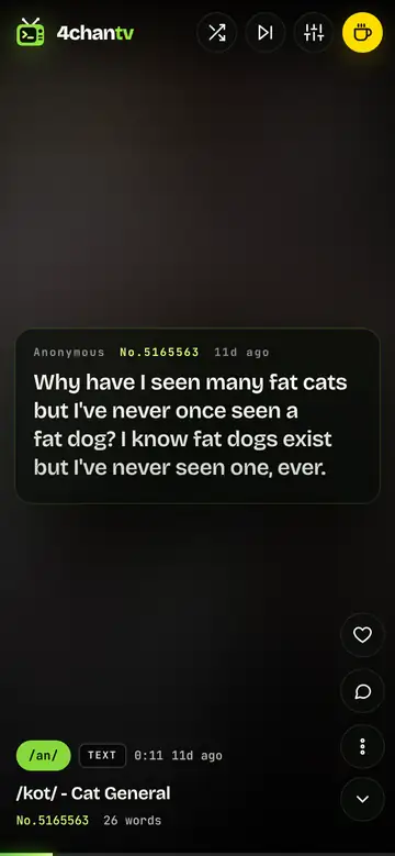 A text post from /an/ shown as a large readable card over a blurred backdrop